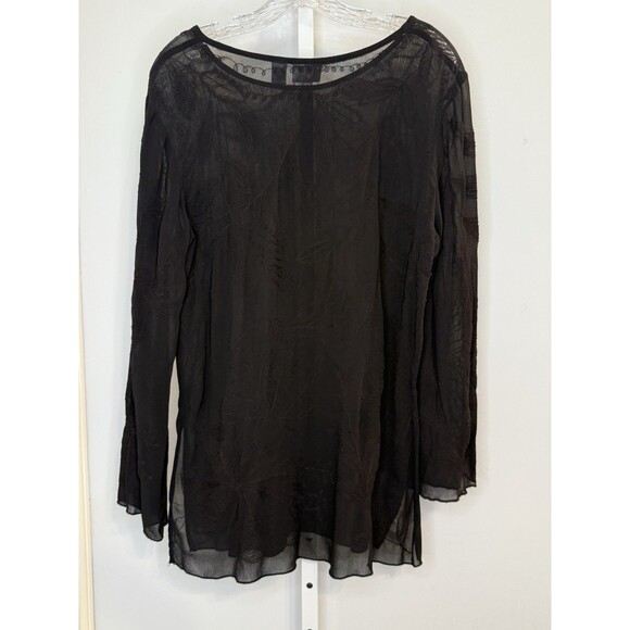 Chico’s Size 1 Black Sheer Embroidered Tunic Blouse Boho Long Sleeve Overlay Top - Picture 2 of 9